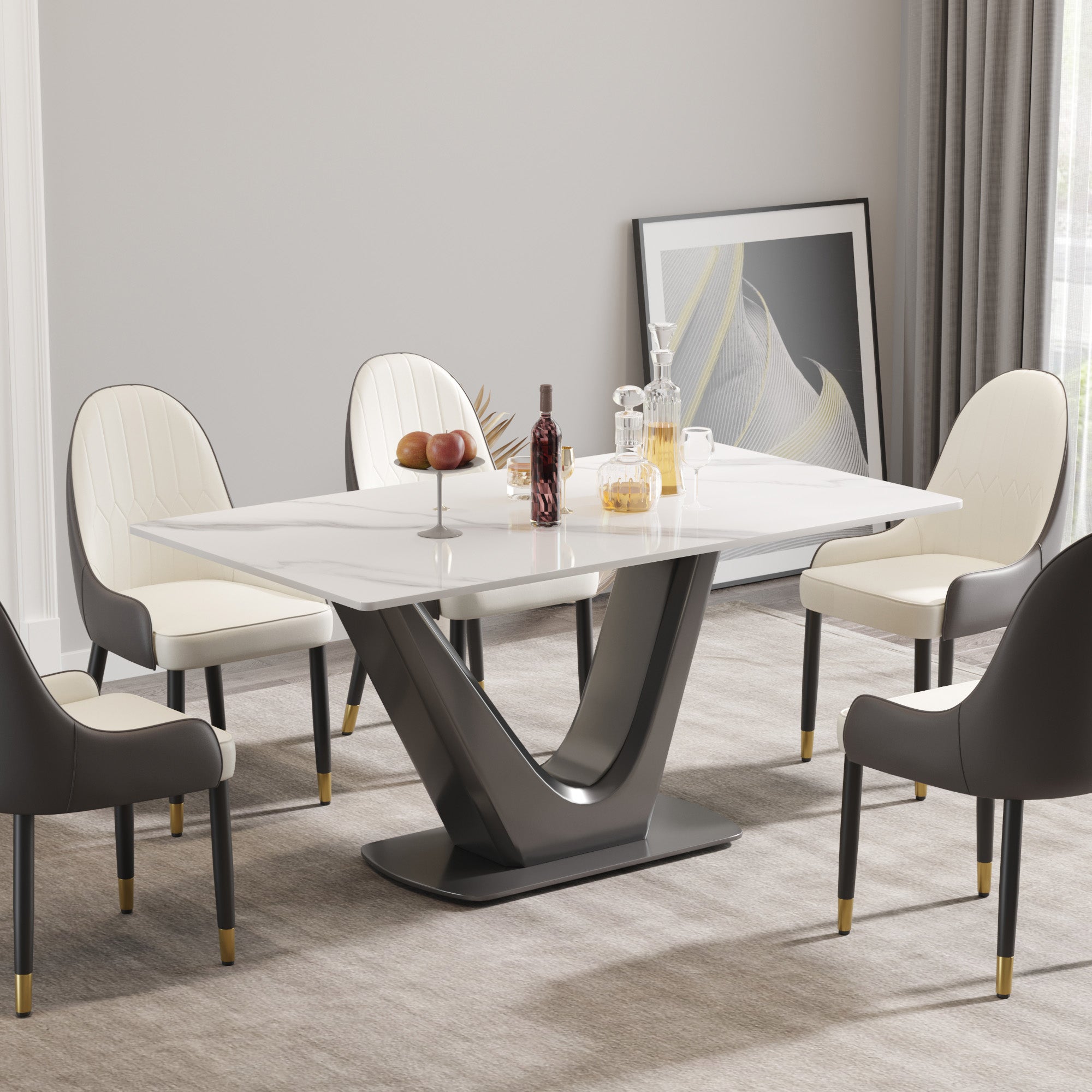 63 "modern artificial stone white panel gray V-shaped metal legs-can accommodate 6-8 people. 63 "modern artificial stone white panel gray V-shaped metal legs-can accommodate 6-8 people.